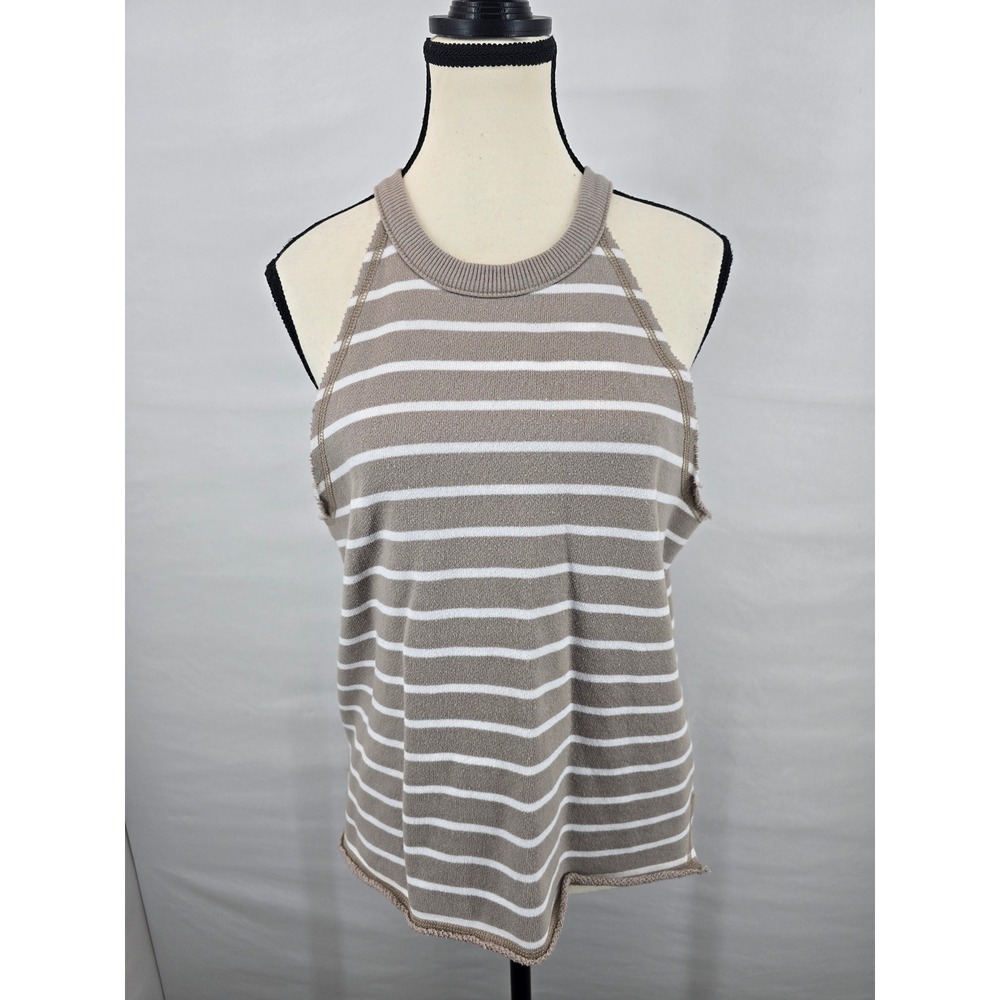 Aerie Striped High Neck Tank Top Taupe White Large Sleeveless Knit Ribbed Neck